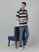 Casual Stripes Slim Fit Half Sleeve Navy Polo T-shirt with Collar