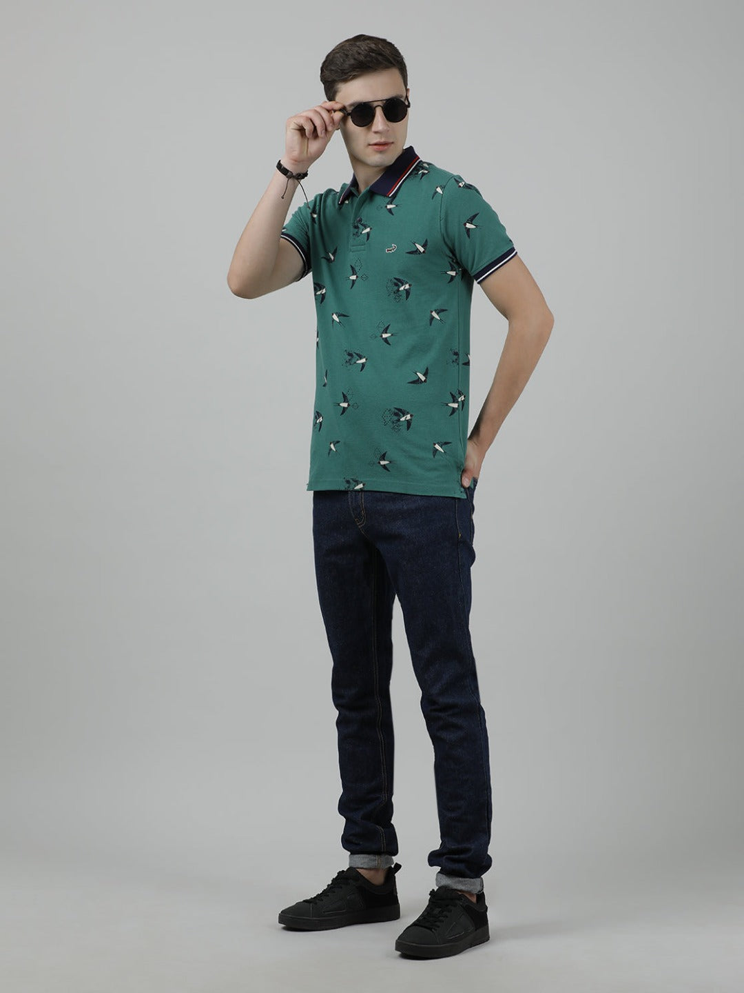 Crocodile Casual Green T-Shirt Polo Printed Half Sleeve Slim Fit with Collar for Men