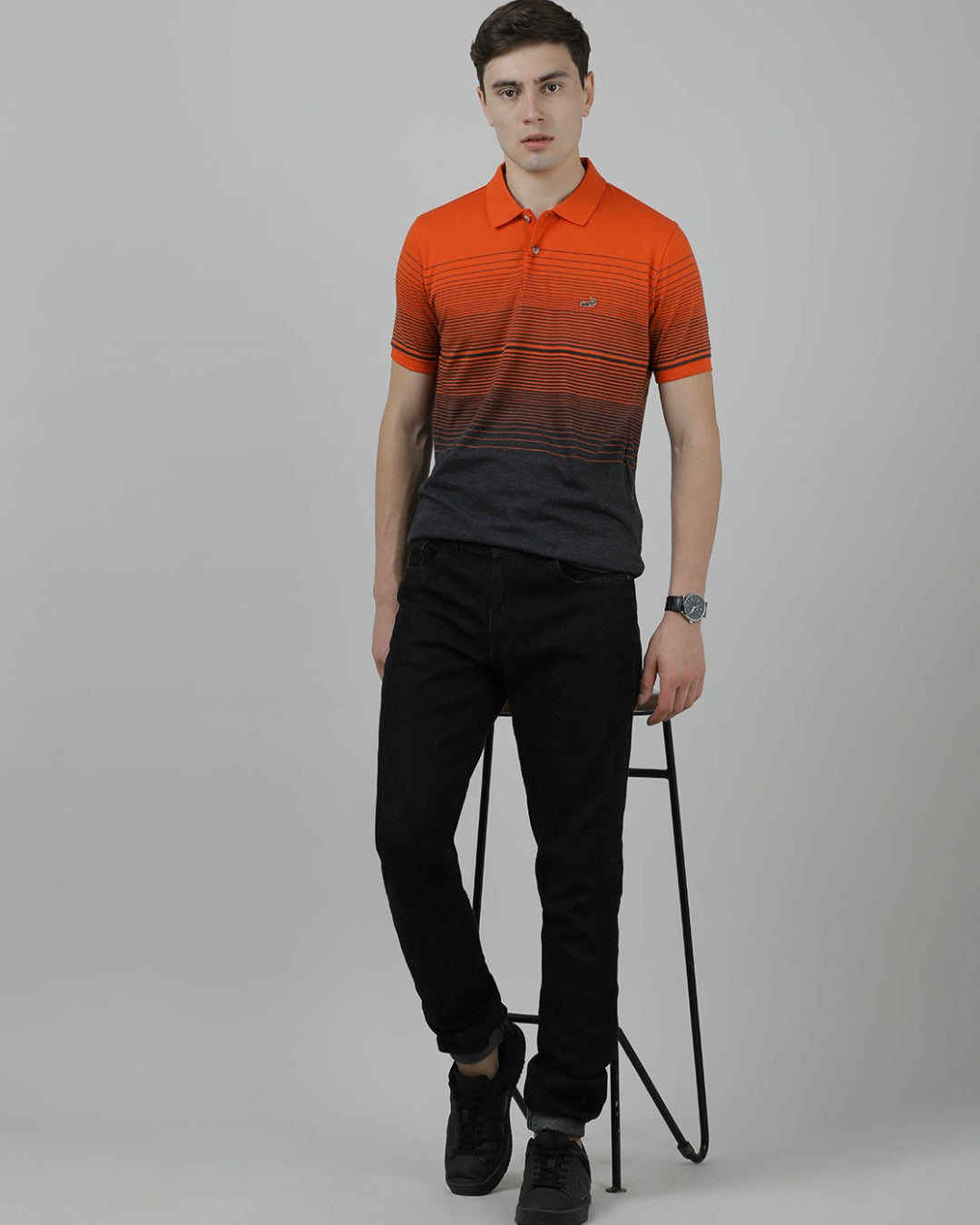 Crocodile Casual Orange T-Shirt Half Sleeve Slim Fit Jersey Engineering Stripe with Collar for Men