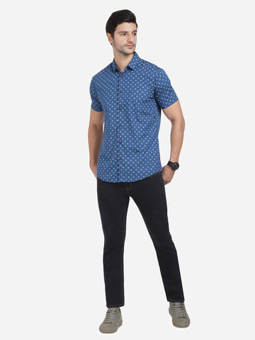Casual Half Sleeve Slim Fit Printed Shirt Blue for Men