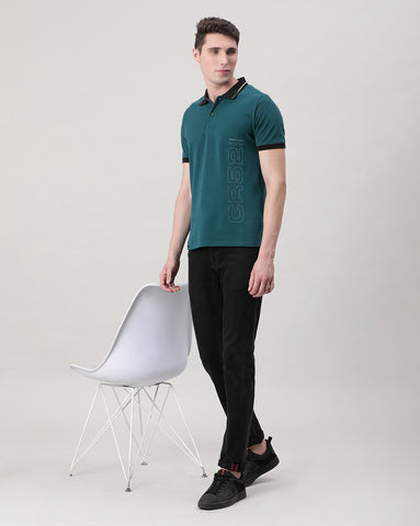 Casual T-Shirt Half Sleeve Slim Fit Solid Printed with Collar Teal for Men