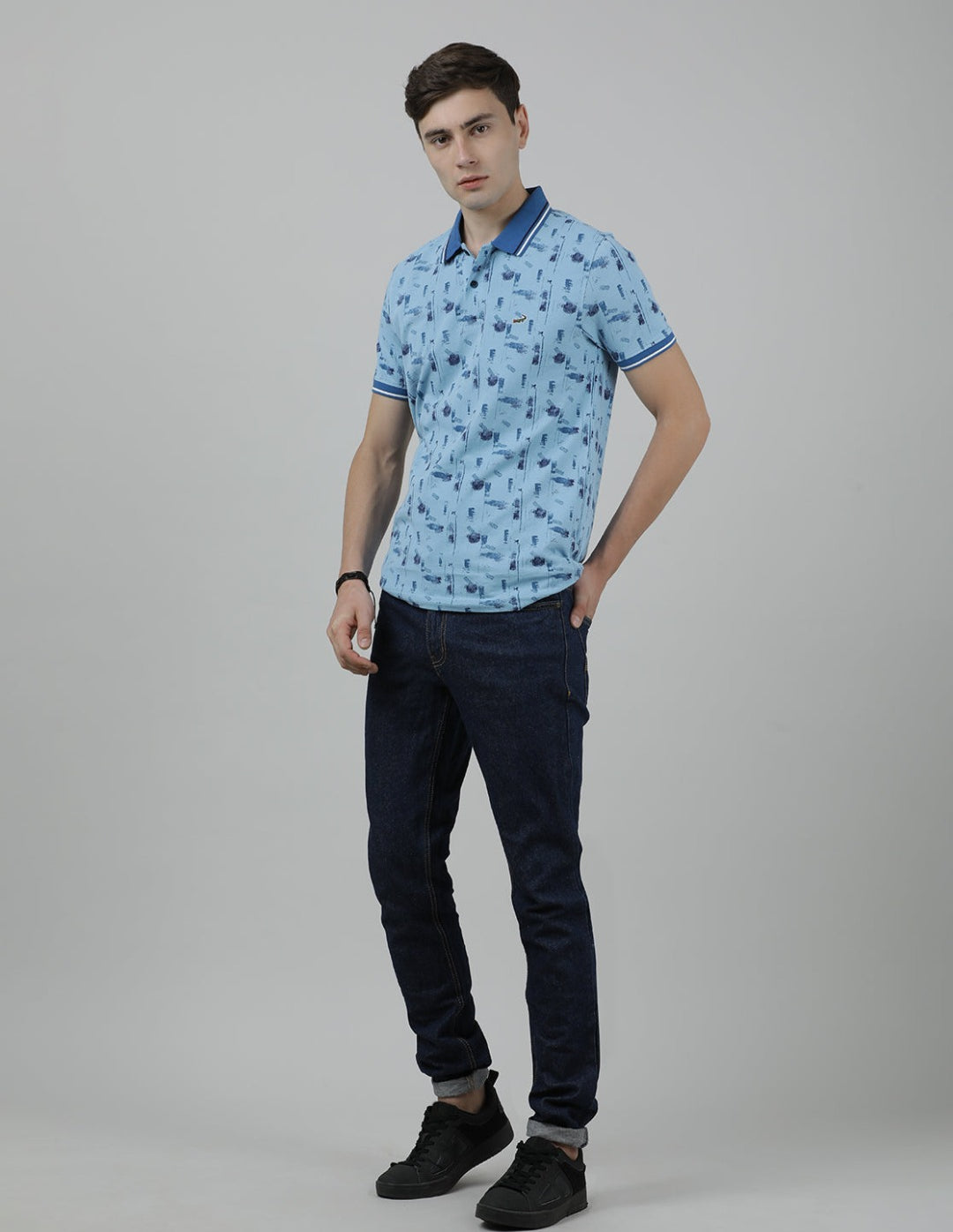 Crocodile Casual Light Blue T-Shirt Polo Printed Half Sleeve Slim Fit with Collar for Men