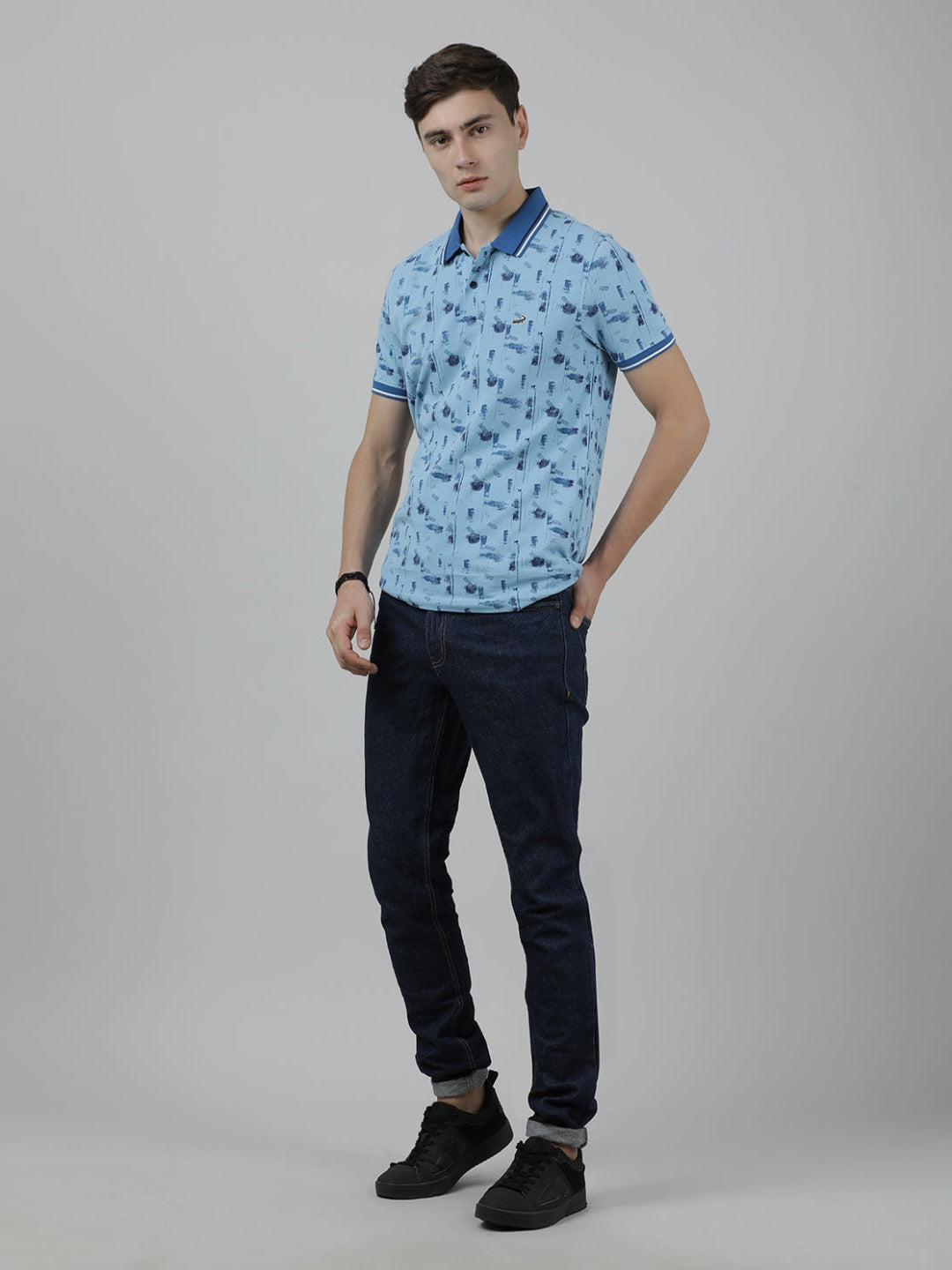 Printed Light Blue Polo T-Shirt - Main Image
