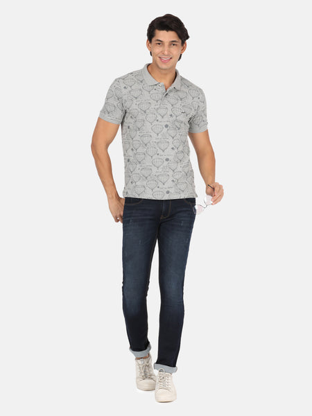 Men Grey Typography Printed Polo Collar Slim Fit T-shirt