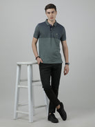 Crocodile Casual Green T-Shirt Engineering Stripes Jacquard Half Sleeve Slim Fit with Collar for Men