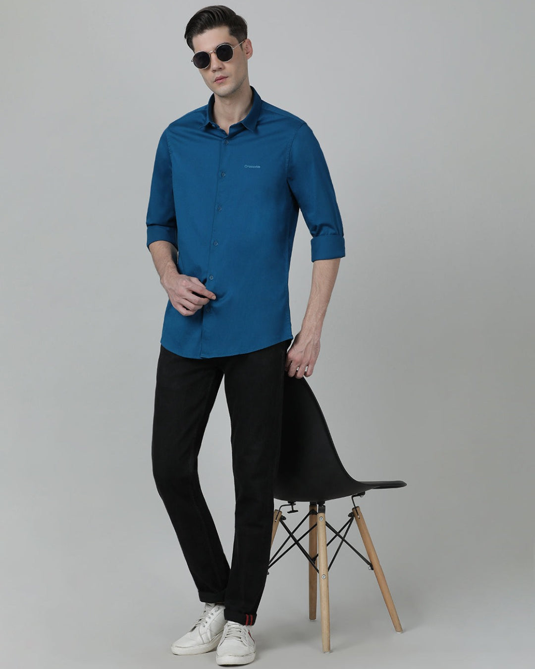 Casual Solid Slim Fit Full Sleeve Racer Blue Shirt with Collar