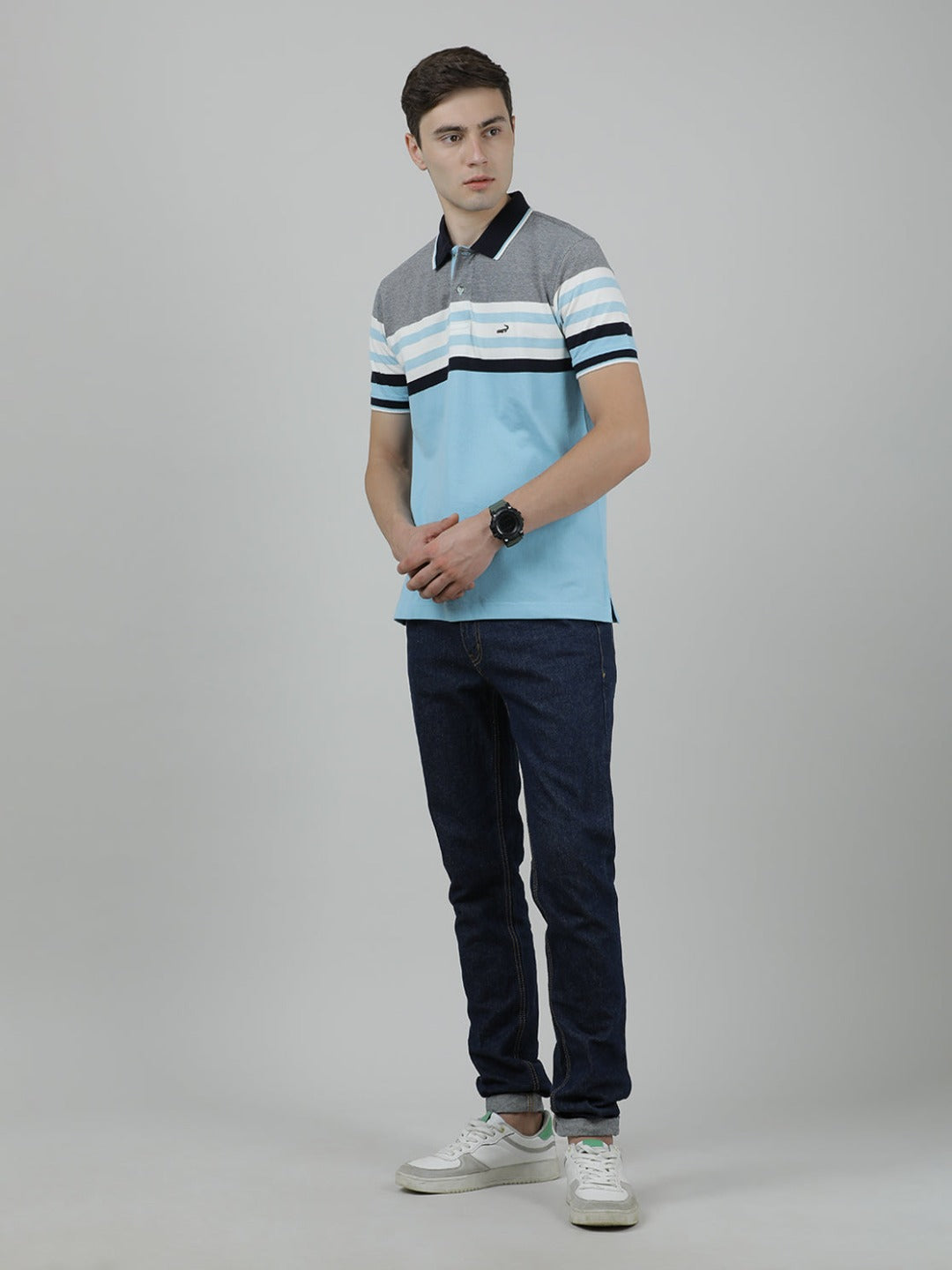 Crocodile Casual Light Blue T-Shirt Engineering Stripes Half Sleeve Slim Fit with Collar for Men