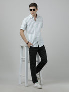 Crocodile Casual Half Sleeve Comfort Fit Stripe Shirt Green for Men